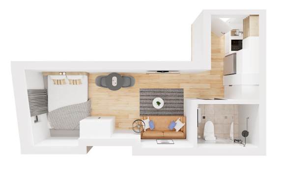 a top view of a bedroom with a bed and a living room