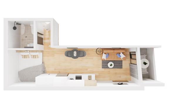 a floor plan of a small apartment with a bedroom and a living room