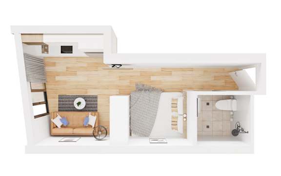a top view of a bedroom with a living room and a bathroom