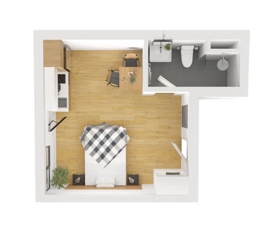 A top view of a small apartment with a bed, a desk, and a kitchenette.