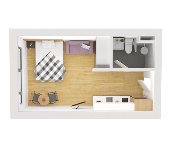 A top-down view of a small, neatly organized room with a bed, a desk, and a chair.