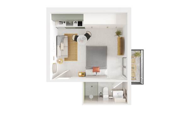 a floor plan of a studio apartment with a bedroom and a living room