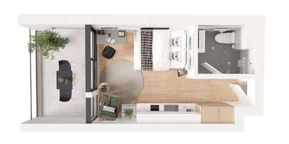 A modern kitchen with a wooden floor and white walls.