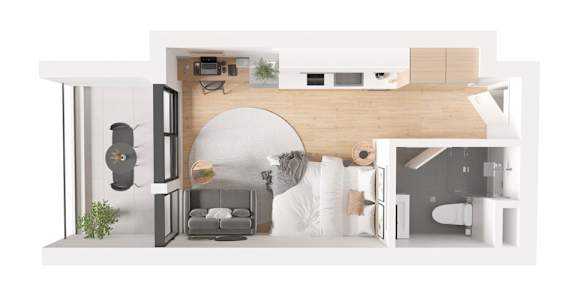 A modern living room with a grey sofa and a wooden floor.
