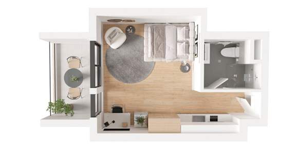 A top-down view of a modern, minimalist apartment with a kitchen, living room, and bedroom.