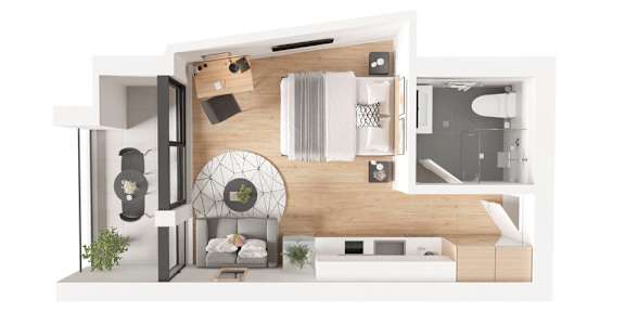 A modern, minimalist interior design of a small apartment with a kitchen, living room, and bathroom.