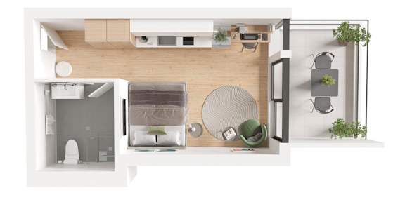 A top-down view of a modern apartment layout with a kitchen, living room, and bathroom.