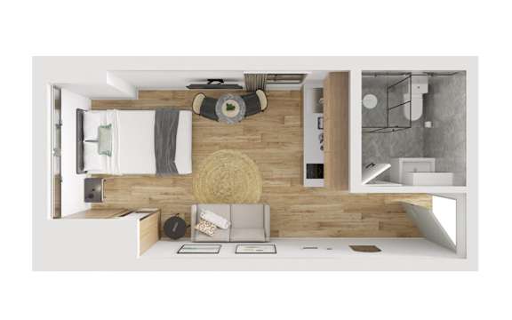 A modern kitchen with a wooden wall and a white countertop.