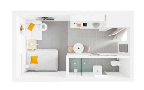a top view of a bathroom with a bed and a sink