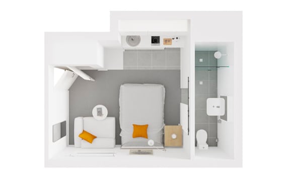 a white living room with a white couch and a bathroom