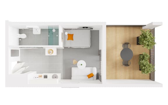 a floor plan of a small apartment with a bathroom and a bedroom