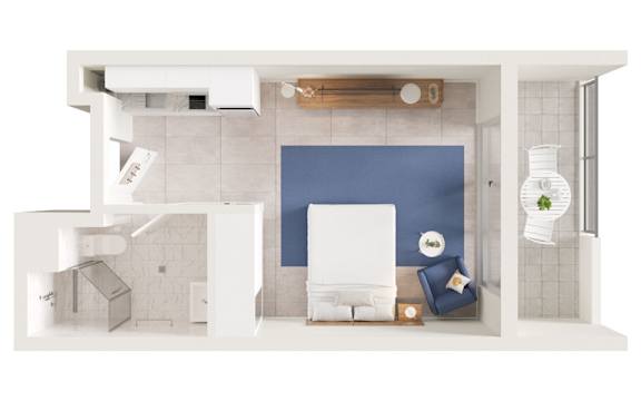 A white bathroom with a blue shower curtain.