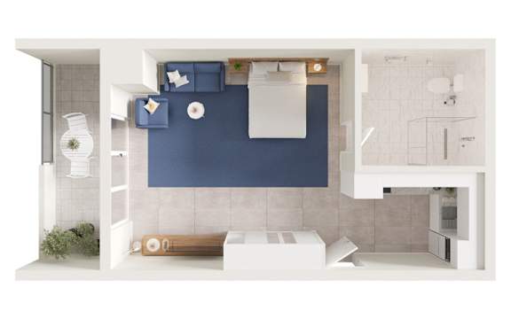 A modern bathroom with a white toilet, sink, and blue wall.