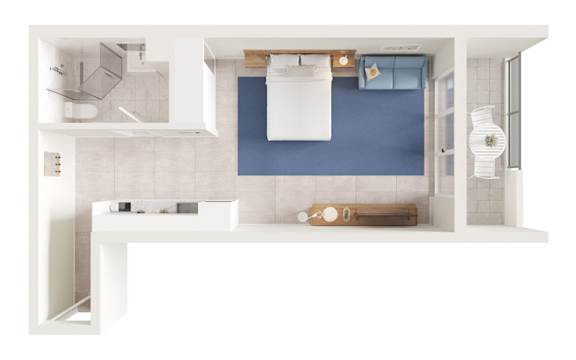 A white kitchen with a blue wall.