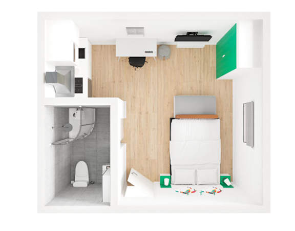 A white and wood bathroom with a toilet, sink, and shower.