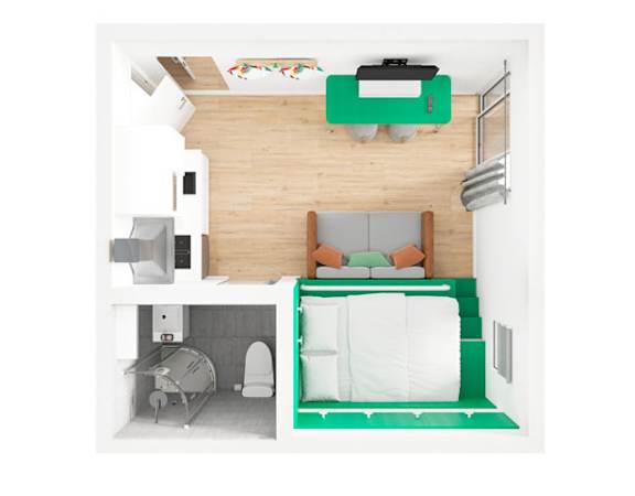 Floor Plan  A bedroom with a bed, desk, and chair.