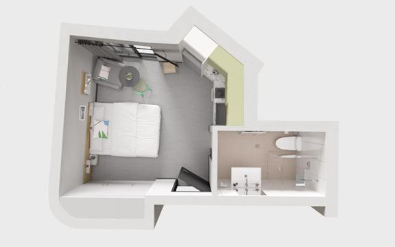 A white bedroom with a bed and a desk.