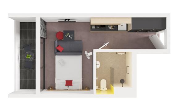 A white and grey kitchen with a red stool.