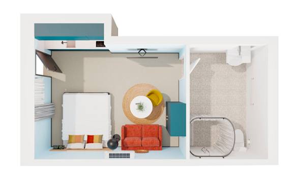 a top down view of a room with a desk and a chair
