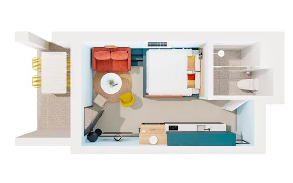 a top view of a bedroom with a bathroom and a living room