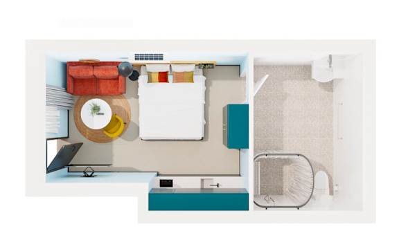 Floor Plan  a top down view of a bedroom with a bathroom and a closet