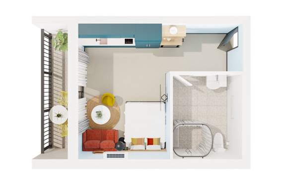 A modern kitchen with a red couch and a white table.