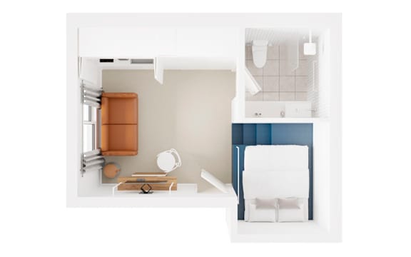 a top view of a bedroom with a bathroom and a closet