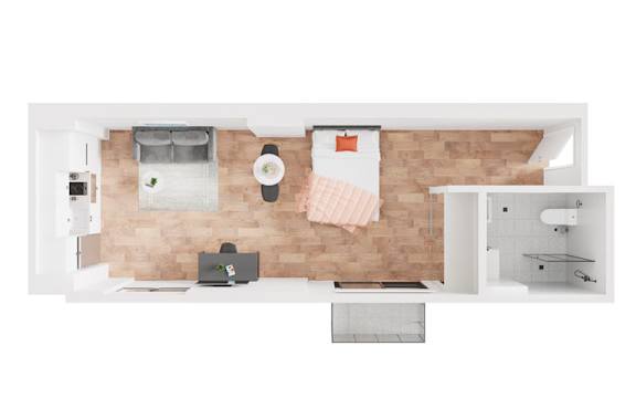 an overhead view of a house with a bedroom and a bathroom