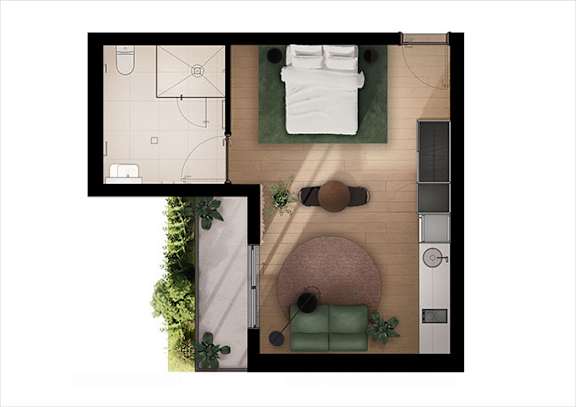 a floor plan of a house with a living room and a bedroom
