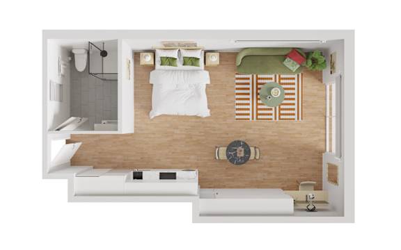 A top-down view of a bedroom with a bed, nightstand, and a small kitchenette.