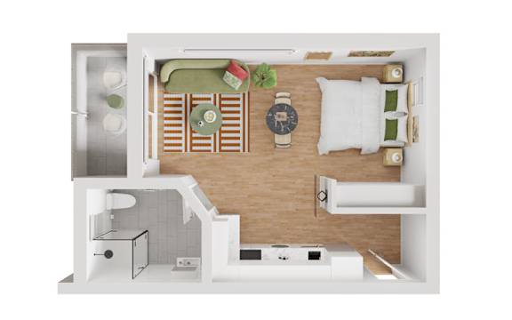 A top-down view of a small, modern apartment with a kitchen, living room, and bathroom.
