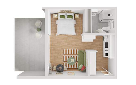 A top down view of a small apartment with a bed, table, and chairs.