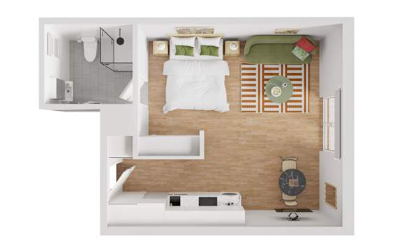 A top-down view of a bedroom with a bed, a couch, and a small kitchen area.