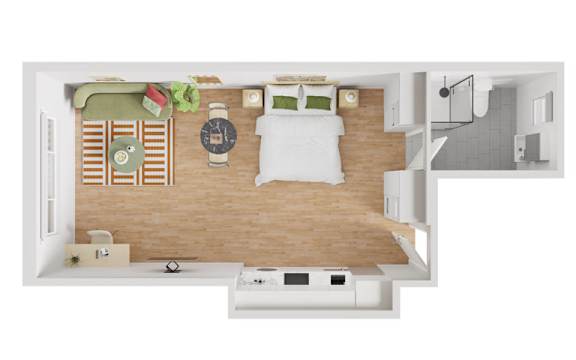 A top-down view of a bedroom with a bed, nightstand, and a chair.
