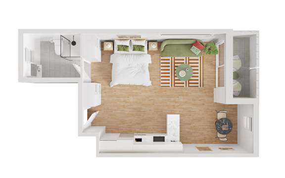 A top view of a bedroom with a bed, nightstand, and a chair.