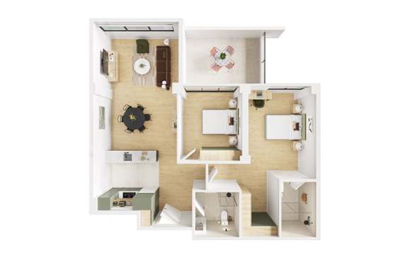 A white dollhouse with a black clock on the wall.
