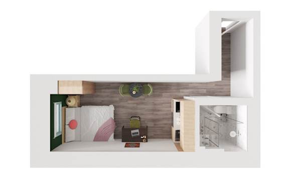 A modern bedroom with a bed, nightstand, and a wall clock.