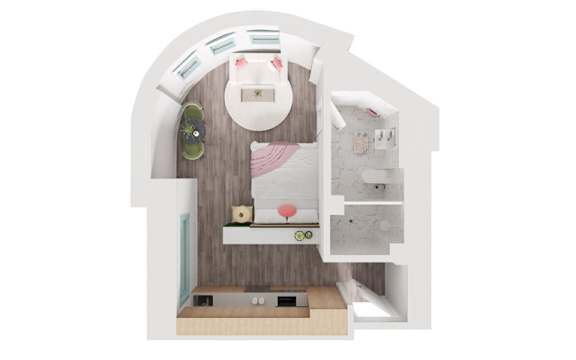 A white and wood bathroom with a toilet, sink, and mirror.