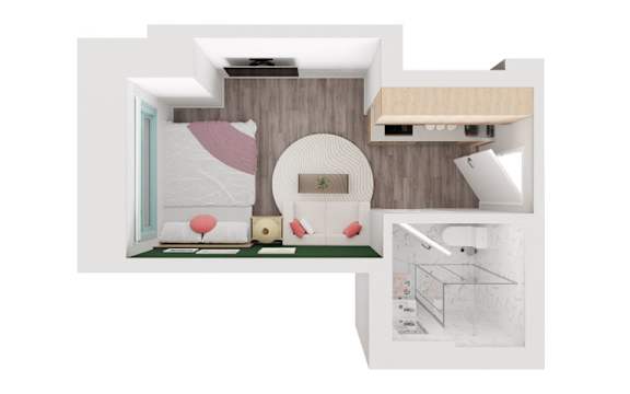 A modern interior design layout with a kitchen, living room, and bathroom.