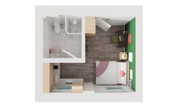 A white and green bedroom with a bed, nightstand, and a wall-mounted shelf.