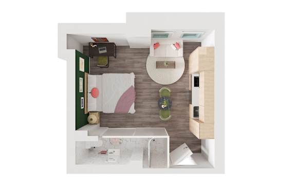 A top-down view of a small, neatly organized bedroom with a bed, desk, and storage.