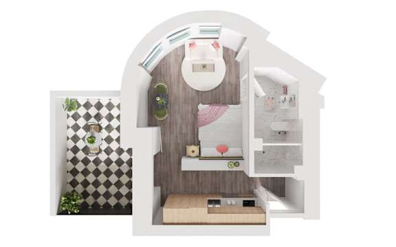 A dollhouse with a white arched doorway and a black and white checkered wallpaper.