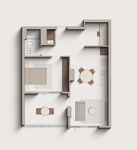 A floor plan of a house with a kitchen, living room, and two bedrooms.