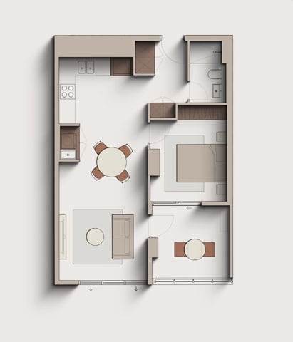 A floor plan of a house with a kitchen, living room, and two bathrooms.
