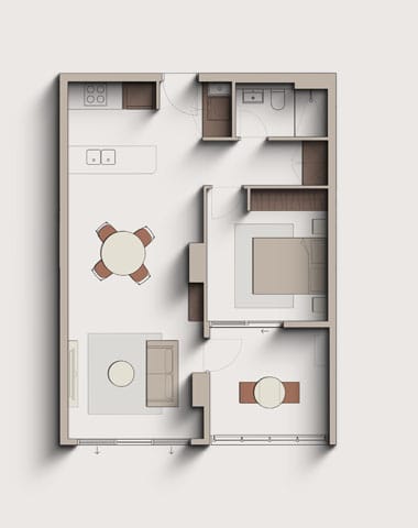 A floor plan of a house with a kitchen, living room, and two bedrooms.