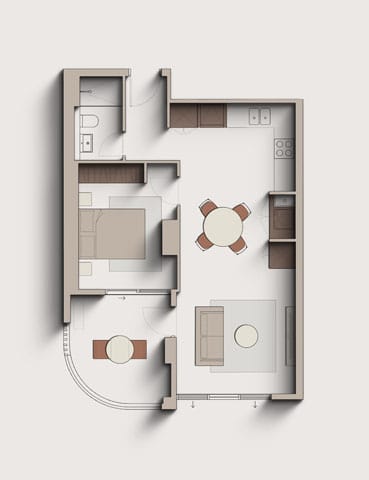 A floor plan of a house with a kitchen, living room, and two bathrooms.
