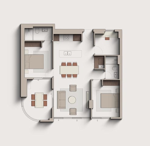A floor plan of a house with a kitchen, living room, dining room, and bedrooms.