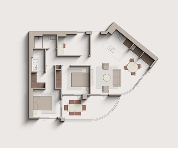 A 3D rendered image of a house floor plan.