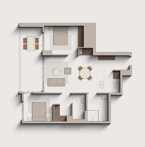 A floor plan of a house with a kitchen, living room, and bedrooms.