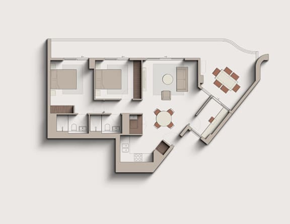 A floor plan of a house with a kitchen, living room, and two bedrooms.